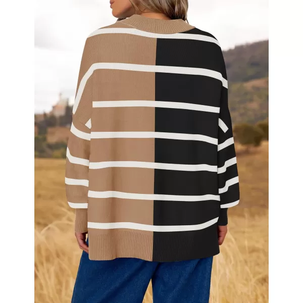 imageZESICA Womens Striped Sweaters 2024 Casual Long Sleeve Mock Neck Contrast Color Comfy Loose Knit Pullover TopsKhaki