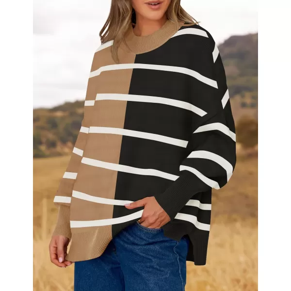 imageZESICA Womens Striped Sweaters 2024 Casual Long Sleeve Mock Neck Contrast Color Comfy Loose Knit Pullover TopsKhaki