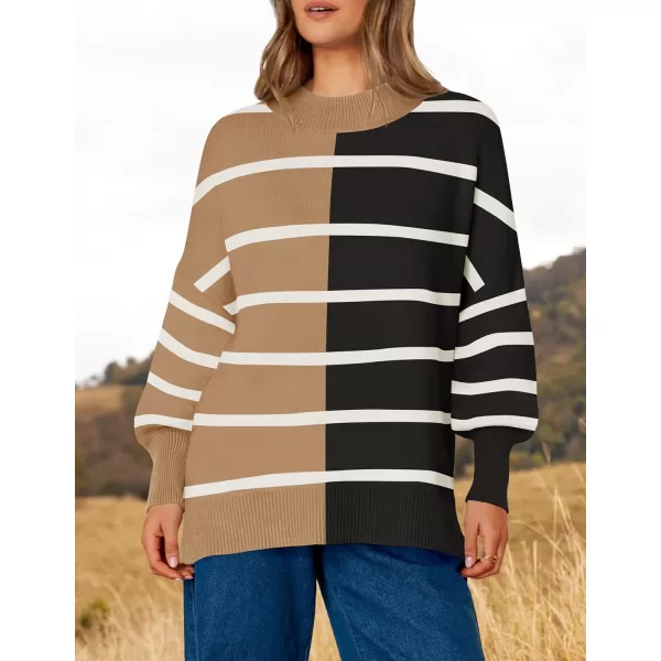 imageZESICA Womens Striped Sweaters 2024 Casual Long Sleeve Mock Neck Contrast Color Comfy Loose Knit Pullover TopsKhaki