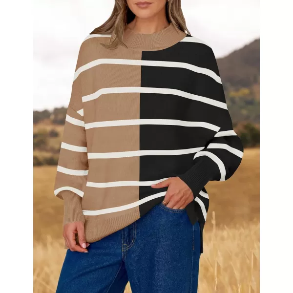 imageZESICA Womens Striped Sweaters 2024 Casual Long Sleeve Mock Neck Contrast Color Comfy Loose Knit Pullover TopsKhaki
