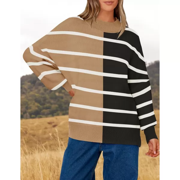 imageZESICA Womens Striped Sweaters 2024 Casual Long Sleeve Mock Neck Contrast Color Comfy Loose Knit Pullover TopsKhaki