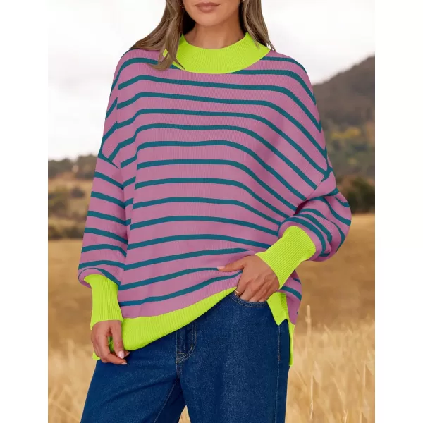 imageZESICA Womens Striped Sweaters 2024 Casual Long Sleeve Mock Neck Contrast Color Comfy Loose Knit Pullover TopsPurple