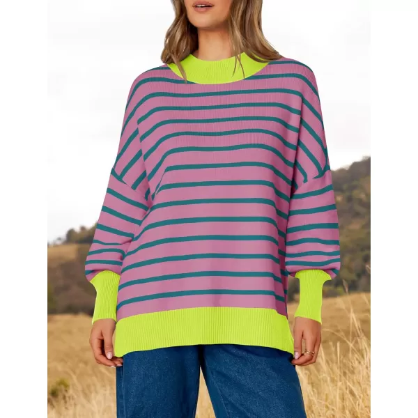 imageZESICA Womens Striped Sweaters 2024 Casual Long Sleeve Mock Neck Contrast Color Comfy Loose Knit Pullover TopsPurple