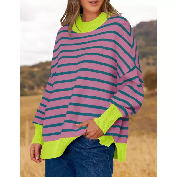 imageZESICA Womens Striped Sweaters 2024 Casual Long Sleeve Mock Neck Contrast Color Comfy Loose Knit Pullover TopsPurple