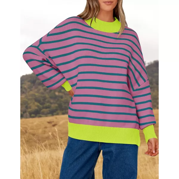 imageZESICA Womens Striped Sweaters 2024 Casual Long Sleeve Mock Neck Contrast Color Comfy Loose Knit Pullover TopsPurple