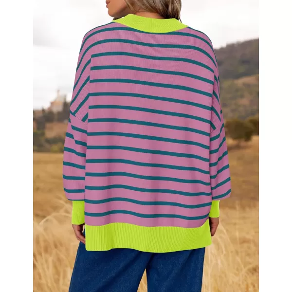 imageZESICA Womens Striped Sweaters 2024 Casual Long Sleeve Mock Neck Contrast Color Comfy Loose Knit Pullover TopsPurple