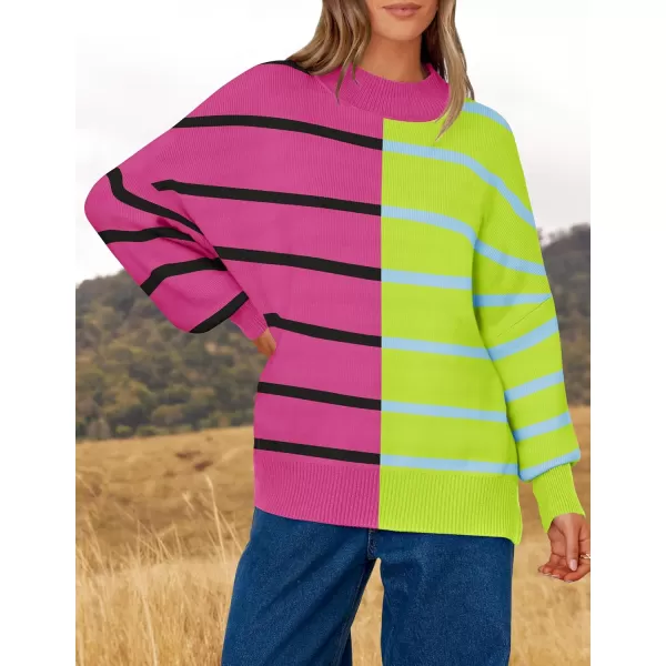 imageZESICA Womens Striped Sweaters 2024 Casual Long Sleeve Mock Neck Contrast Color Comfy Loose Knit Pullover TopsRose