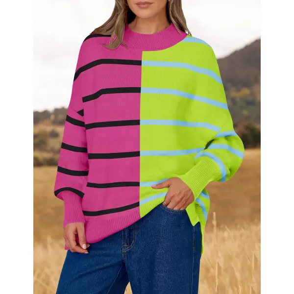 imageZESICA Womens Striped Sweaters 2024 Casual Long Sleeve Mock Neck Contrast Color Comfy Loose Knit Pullover TopsRose