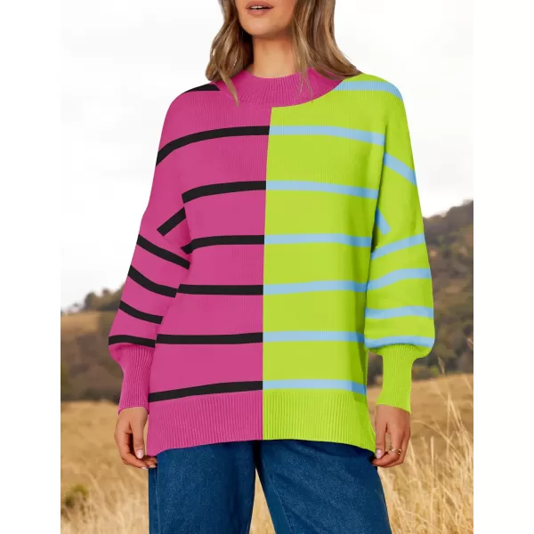 imageZESICA Womens Striped Sweaters 2024 Casual Long Sleeve Mock Neck Contrast Color Comfy Loose Knit Pullover TopsRose