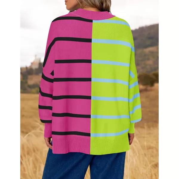 imageZESICA Womens Striped Sweaters 2024 Casual Long Sleeve Mock Neck Contrast Color Comfy Loose Knit Pullover TopsRose