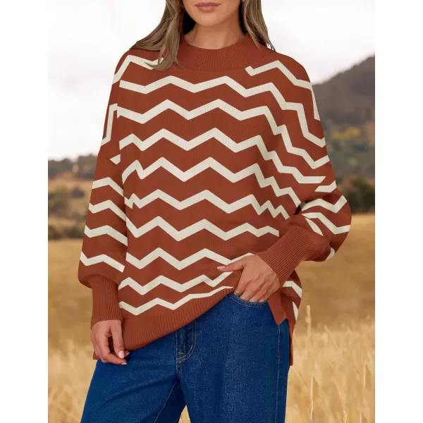 imageZESICA Womens Striped Sweaters 2024 Casual Long Sleeve Mock Neck Contrast Color Comfy Loose Knit Pullover TopsRust