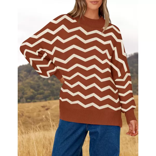 imageZESICA Womens Striped Sweaters 2024 Casual Long Sleeve Mock Neck Contrast Color Comfy Loose Knit Pullover TopsRust