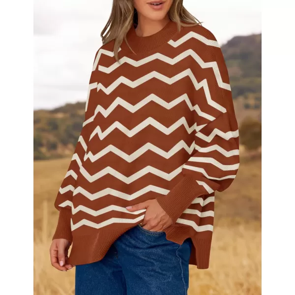 imageZESICA Womens Striped Sweaters 2024 Casual Long Sleeve Mock Neck Contrast Color Comfy Loose Knit Pullover TopsRust
