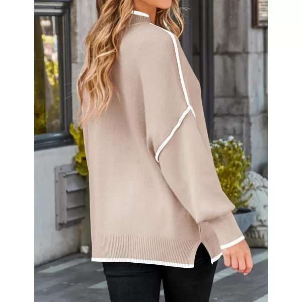 imageZESICA Womens Striped Sweaters 2024 Casual Long Sleeve Mock Neck Contrast Color Comfy Loose Knit Pullover TopsSand