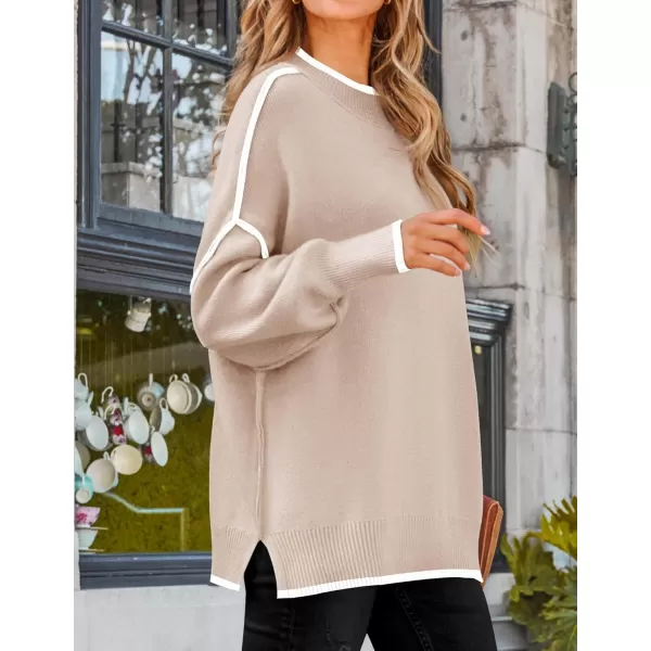 imageZESICA Womens Striped Sweaters 2024 Casual Long Sleeve Mock Neck Contrast Color Comfy Loose Knit Pullover TopsSand