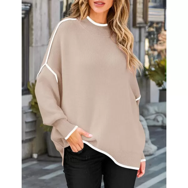 imageZESICA Womens Striped Sweaters 2024 Casual Long Sleeve Mock Neck Contrast Color Comfy Loose Knit Pullover TopsSand