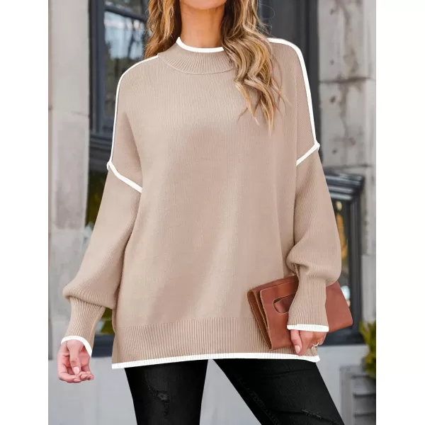 imageZESICA Womens Striped Sweaters 2024 Casual Long Sleeve Mock Neck Contrast Color Comfy Loose Knit Pullover TopsSand