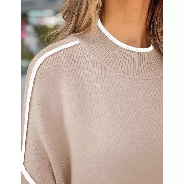 imageZESICA Womens Striped Sweaters 2024 Casual Long Sleeve Mock Neck Contrast Color Comfy Loose Knit Pullover TopsSand