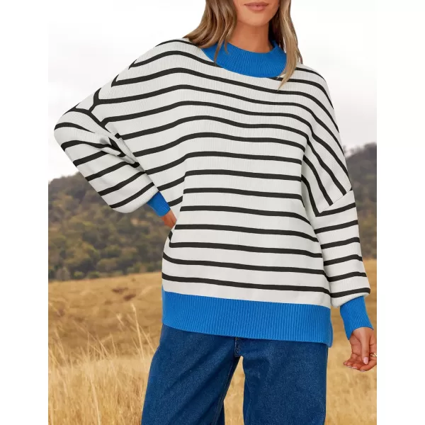 imageZESICA Womens Striped Sweaters 2024 Casual Long Sleeve Mock Neck Contrast Color Comfy Loose Knit Pullover TopsWhite