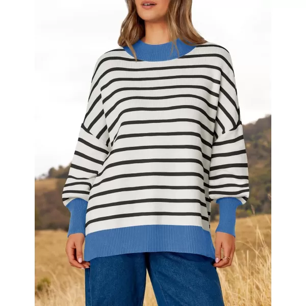 imageZESICA Womens Striped Sweaters 2024 Casual Long Sleeve Mock Neck Contrast Color Comfy Loose Knit Pullover TopsWhite