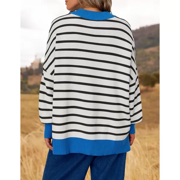 imageZESICA Womens Striped Sweaters 2024 Casual Long Sleeve Mock Neck Contrast Color Comfy Loose Knit Pullover TopsWhite