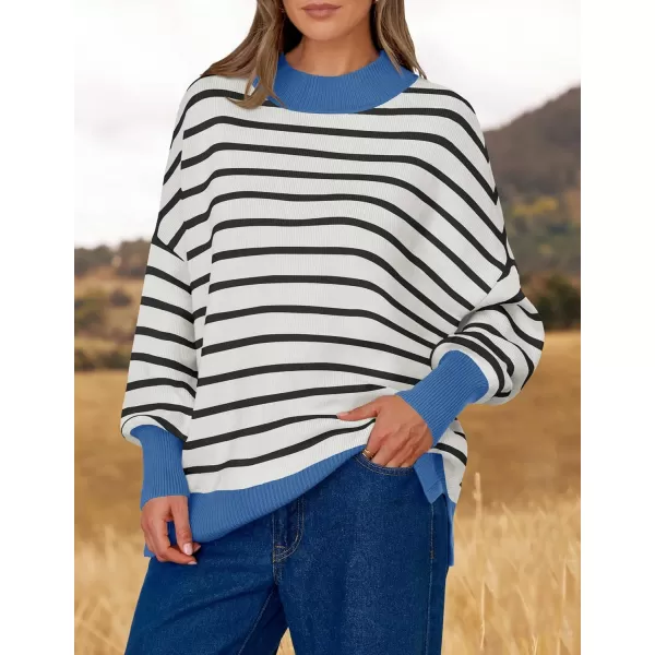 imageZESICA Womens Striped Sweaters 2024 Casual Long Sleeve Mock Neck Contrast Color Comfy Loose Knit Pullover TopsWhite