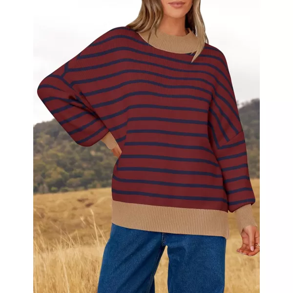 imageZESICA Womens Striped Sweaters 2024 Casual Long Sleeve Mock Neck Contrast Color Comfy Loose Knit Pullover TopsWine