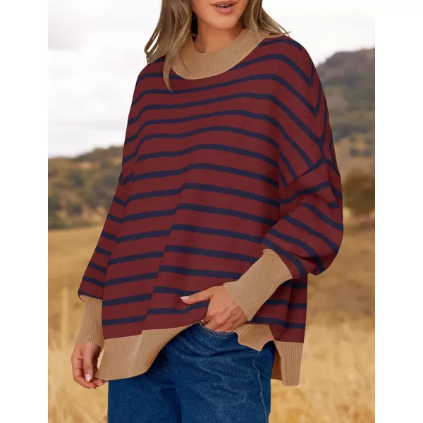 imageZESICA Womens Striped Sweaters 2024 Casual Long Sleeve Mock Neck Contrast Color Comfy Loose Knit Pullover TopsWine