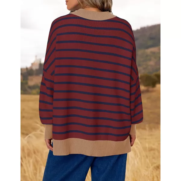 imageZESICA Womens Striped Sweaters 2024 Casual Long Sleeve Mock Neck Contrast Color Comfy Loose Knit Pullover TopsWine