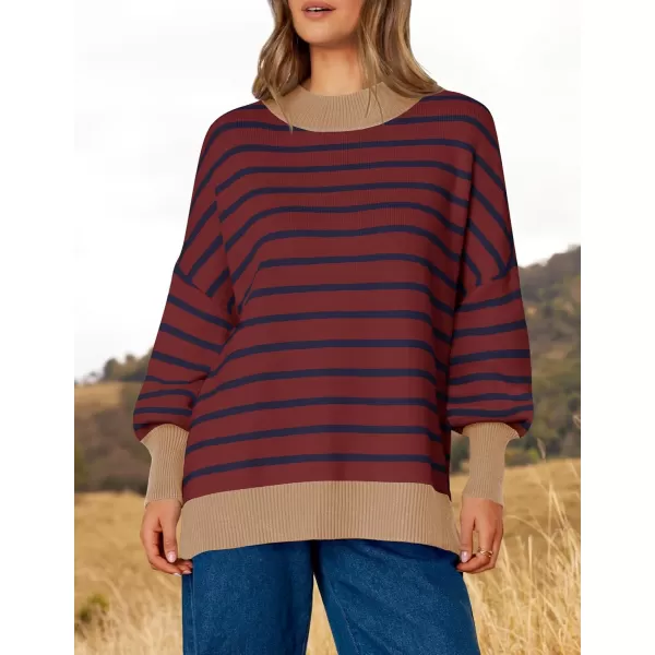 imageZESICA Womens Striped Sweaters 2024 Casual Long Sleeve Mock Neck Contrast Color Comfy Loose Knit Pullover TopsWine