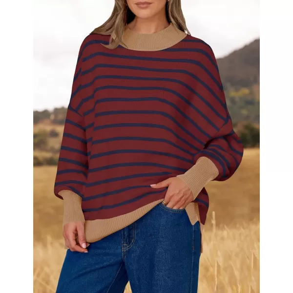 imageZESICA Womens Striped Sweaters 2024 Casual Long Sleeve Mock Neck Contrast Color Comfy Loose Knit Pullover TopsWine