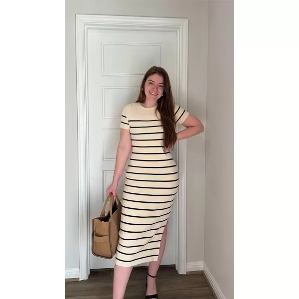 imageZESICA Womens Summer Bodycon Midi Dress 2024 Striped Short Sleeve Ribbed Knit Slim Fit Side Slit T Shirt DressesApricot