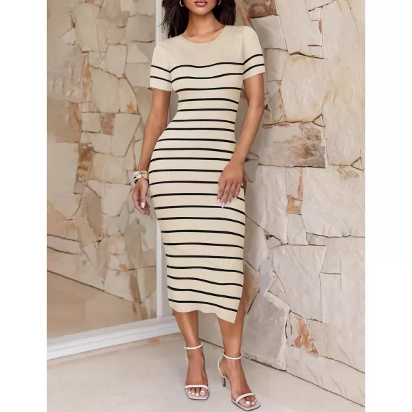 imageZESICA Womens Summer Bodycon Midi Dress 2024 Striped Short Sleeve Ribbed Knit Slim Fit Side Slit T Shirt DressesApricot