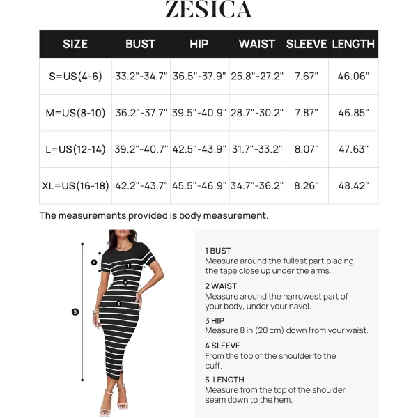 imageZESICA Womens Summer Bodycon Midi Dress 2024 Striped Short Sleeve Ribbed Knit Slim Fit Side Slit T Shirt DressesBlack