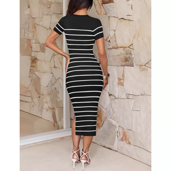 imageZESICA Womens Summer Bodycon Midi Dress 2024 Striped Short Sleeve Ribbed Knit Slim Fit Side Slit T Shirt DressesBlack