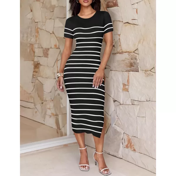 imageZESICA Womens Summer Bodycon Midi Dress 2024 Striped Short Sleeve Ribbed Knit Slim Fit Side Slit T Shirt DressesBlack