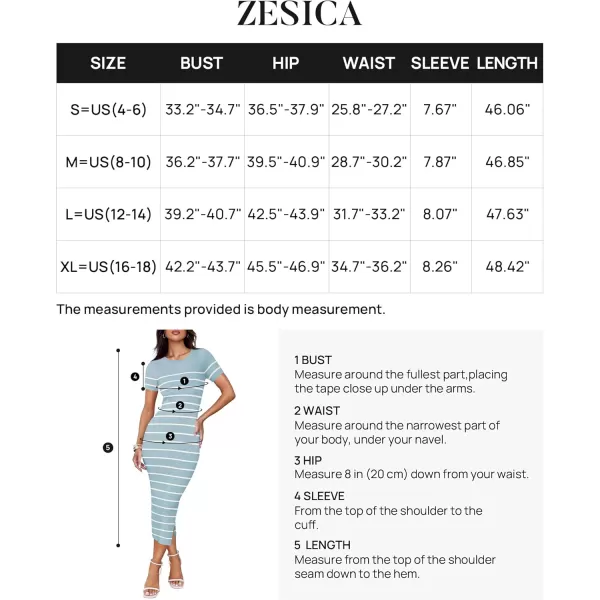 imageZESICA Womens Summer Bodycon Midi Dress 2024 Striped Short Sleeve Ribbed Knit Slim Fit Side Slit T Shirt DressesLight Blue