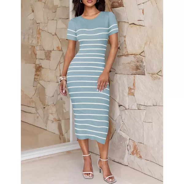 imageZESICA Womens Summer Bodycon Midi Dress 2024 Striped Short Sleeve Ribbed Knit Slim Fit Side Slit T Shirt DressesLight Blue