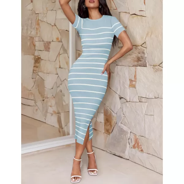 imageZESICA Womens Summer Bodycon Midi Dress 2024 Striped Short Sleeve Ribbed Knit Slim Fit Side Slit T Shirt DressesLight Blue