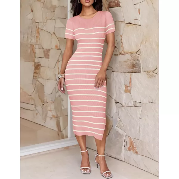 imageZESICA Womens Summer Bodycon Midi Dress 2024 Striped Short Sleeve Ribbed Knit Slim Fit Side Slit T Shirt DressesPink