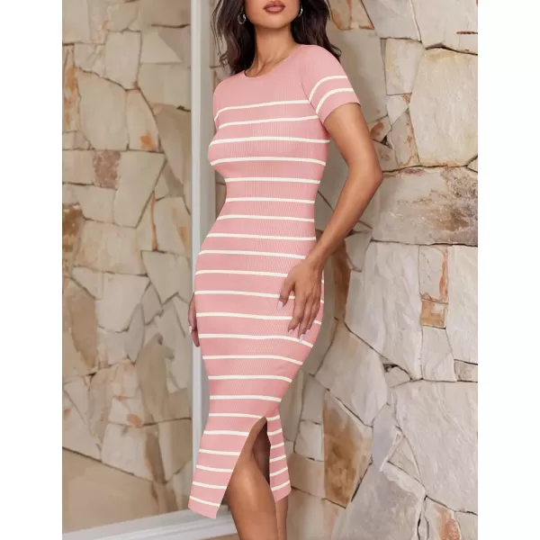 imageZESICA Womens Summer Bodycon Midi Dress 2024 Striped Short Sleeve Ribbed Knit Slim Fit Side Slit T Shirt DressesPink