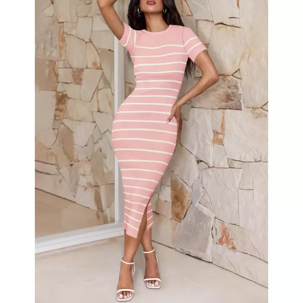 imageZESICA Womens Summer Bodycon Midi Dress 2024 Striped Short Sleeve Ribbed Knit Slim Fit Side Slit T Shirt DressesPink