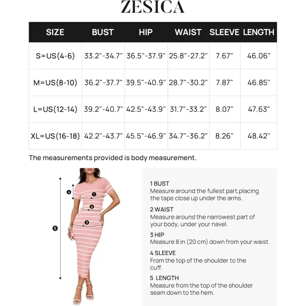 imageZESICA Womens Summer Bodycon Midi Dress 2024 Striped Short Sleeve Ribbed Knit Slim Fit Side Slit T Shirt DressesPink