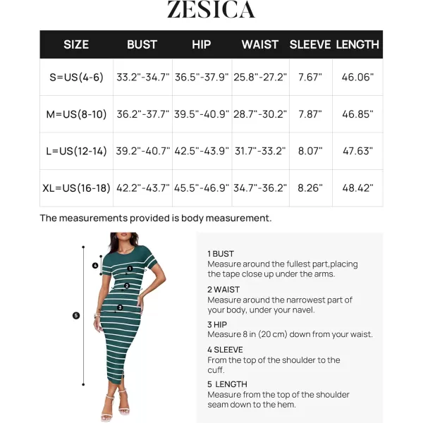 imageZESICA Womens Summer Bodycon Midi Dress 2024 Striped Short Sleeve Ribbed Knit Slim Fit Side Slit T Shirt DressesTeal