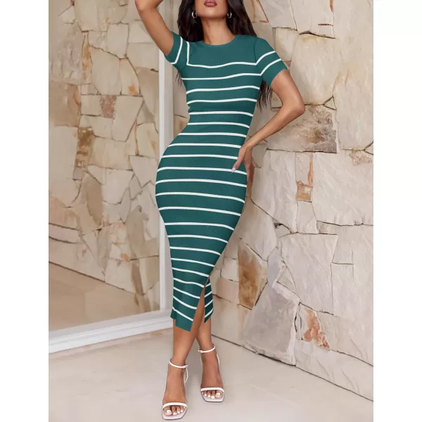 imageZESICA Womens Summer Bodycon Midi Dress 2024 Striped Short Sleeve Ribbed Knit Slim Fit Side Slit T Shirt DressesTeal