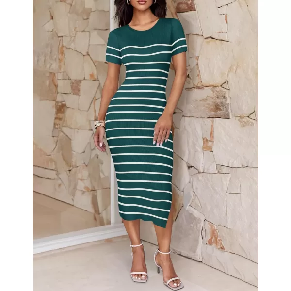 imageZESICA Womens Summer Bodycon Midi Dress 2024 Striped Short Sleeve Ribbed Knit Slim Fit Side Slit T Shirt DressesTeal