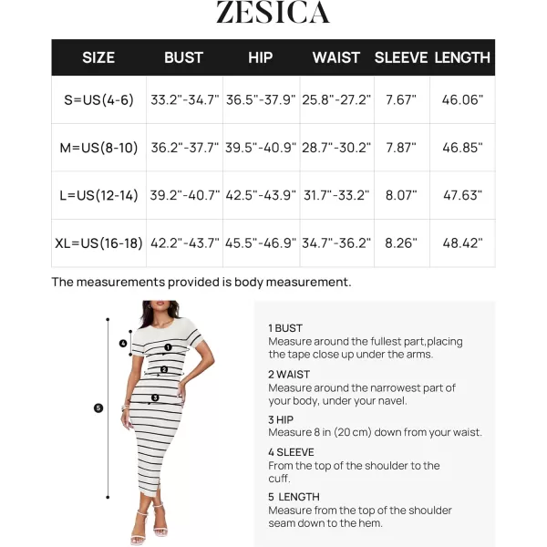 imageZESICA Womens Summer Bodycon Midi Dress 2024 Striped Short Sleeve Ribbed Knit Slim Fit Side Slit T Shirt DressesWhite