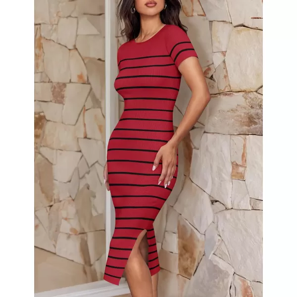 imageZESICA Womens Summer Bodycon Midi Dress 2024 Striped Short Sleeve Ribbed Knit Slim Fit Side Slit T Shirt DressesWine