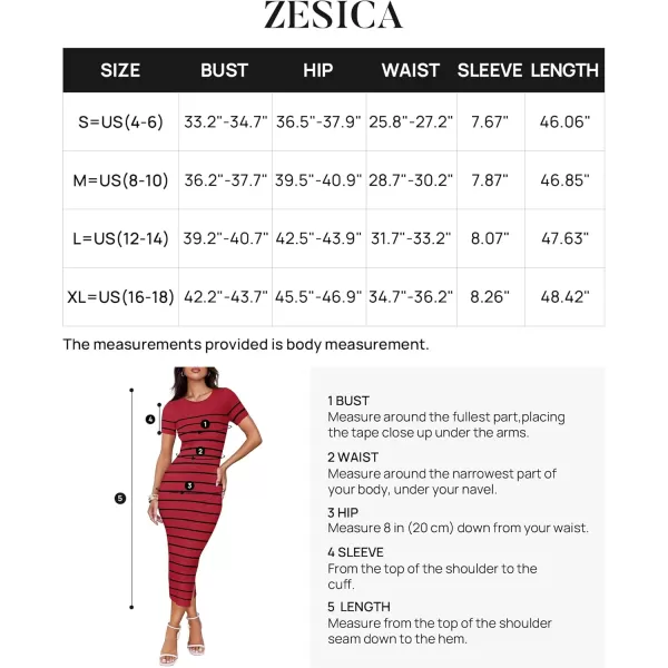 imageZESICA Womens Summer Bodycon Midi Dress 2024 Striped Short Sleeve Ribbed Knit Slim Fit Side Slit T Shirt DressesWine