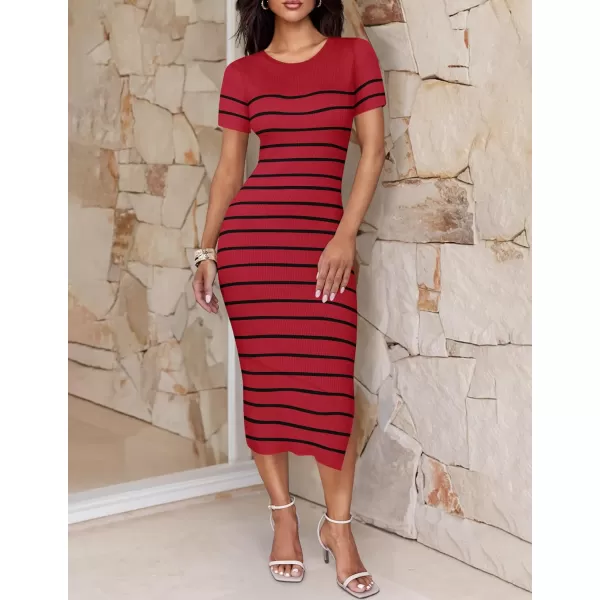imageZESICA Womens Summer Bodycon Midi Dress 2024 Striped Short Sleeve Ribbed Knit Slim Fit Side Slit T Shirt DressesWine